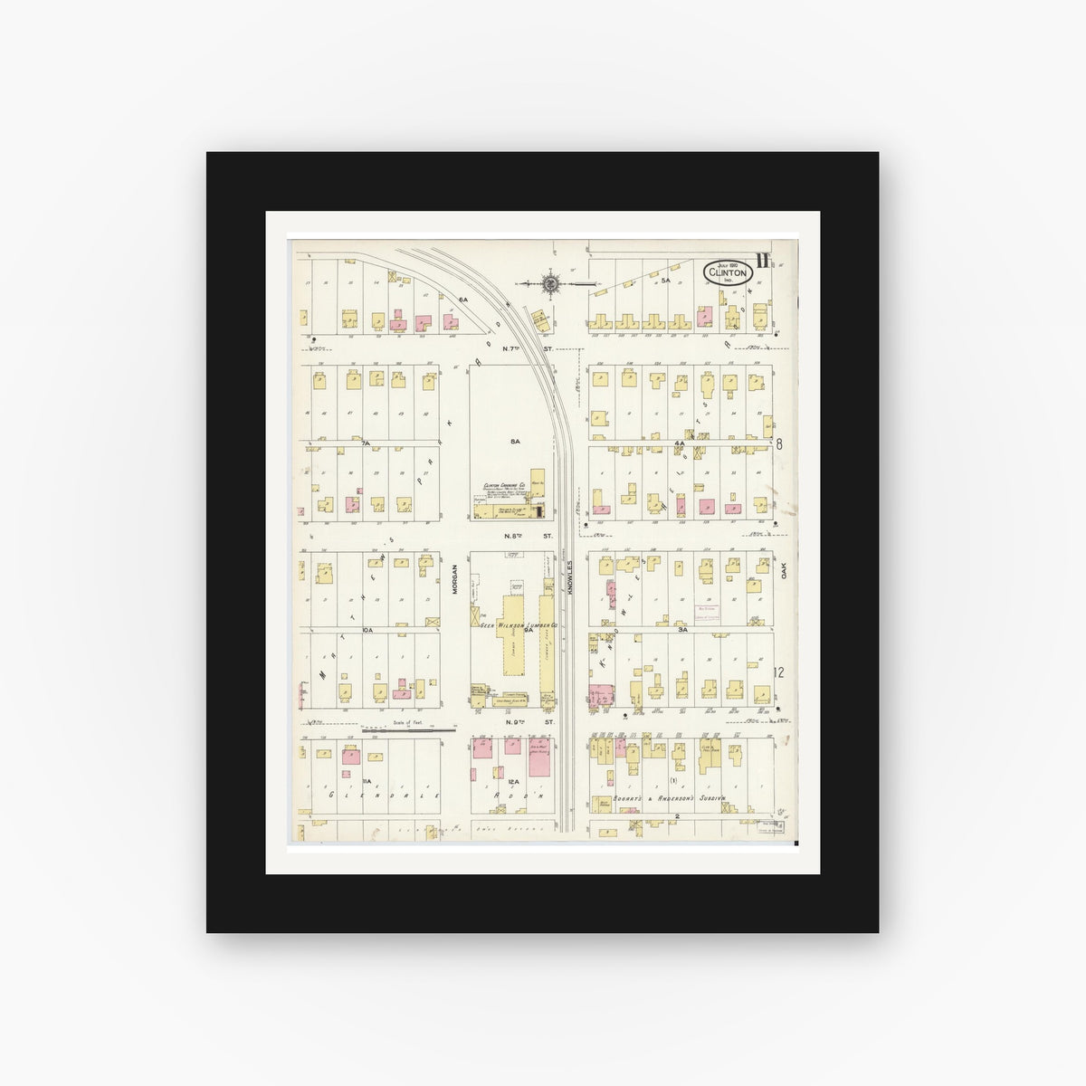 Old map wall art mockup — black gallery frame with white mat — Sanborn Fire Insurance Map from Clinton, Vermillion County, Indiana (1910), Sheet #0011