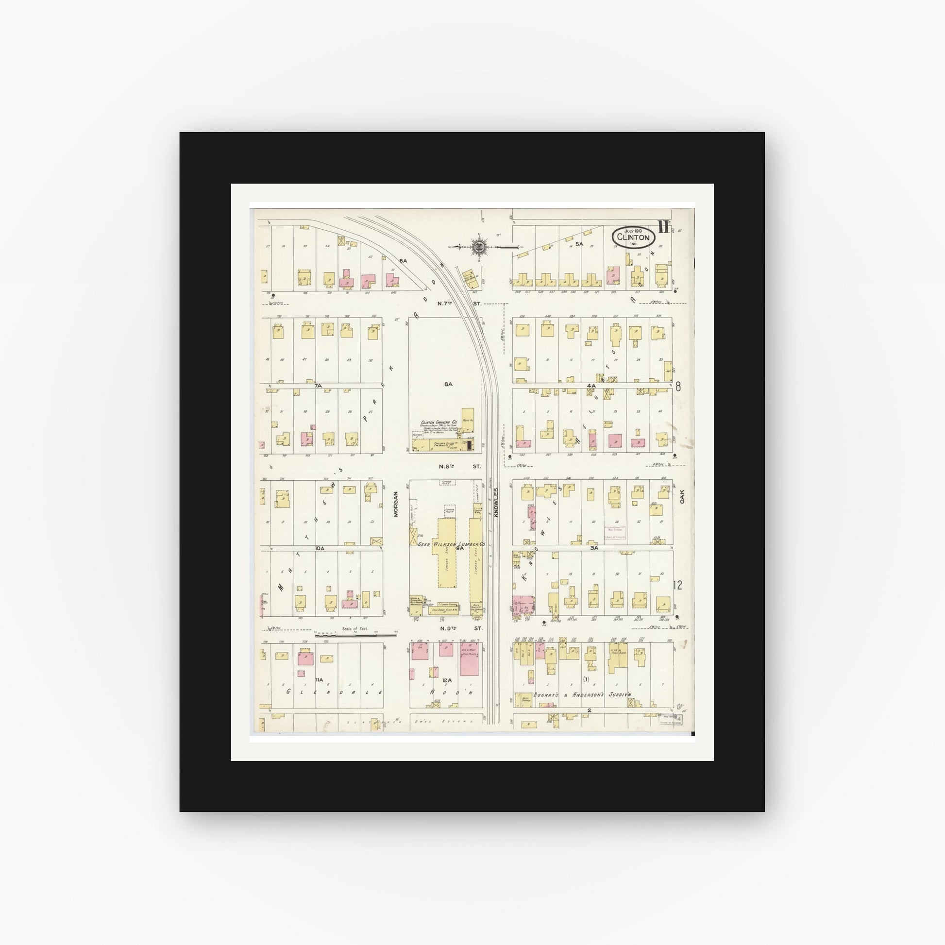 Old map wall art mockup — black gallery frame with white mat — Sanborn Fire Insurance Map from Clinton, Vermillion County, Indiana (1910), Sheet #0011