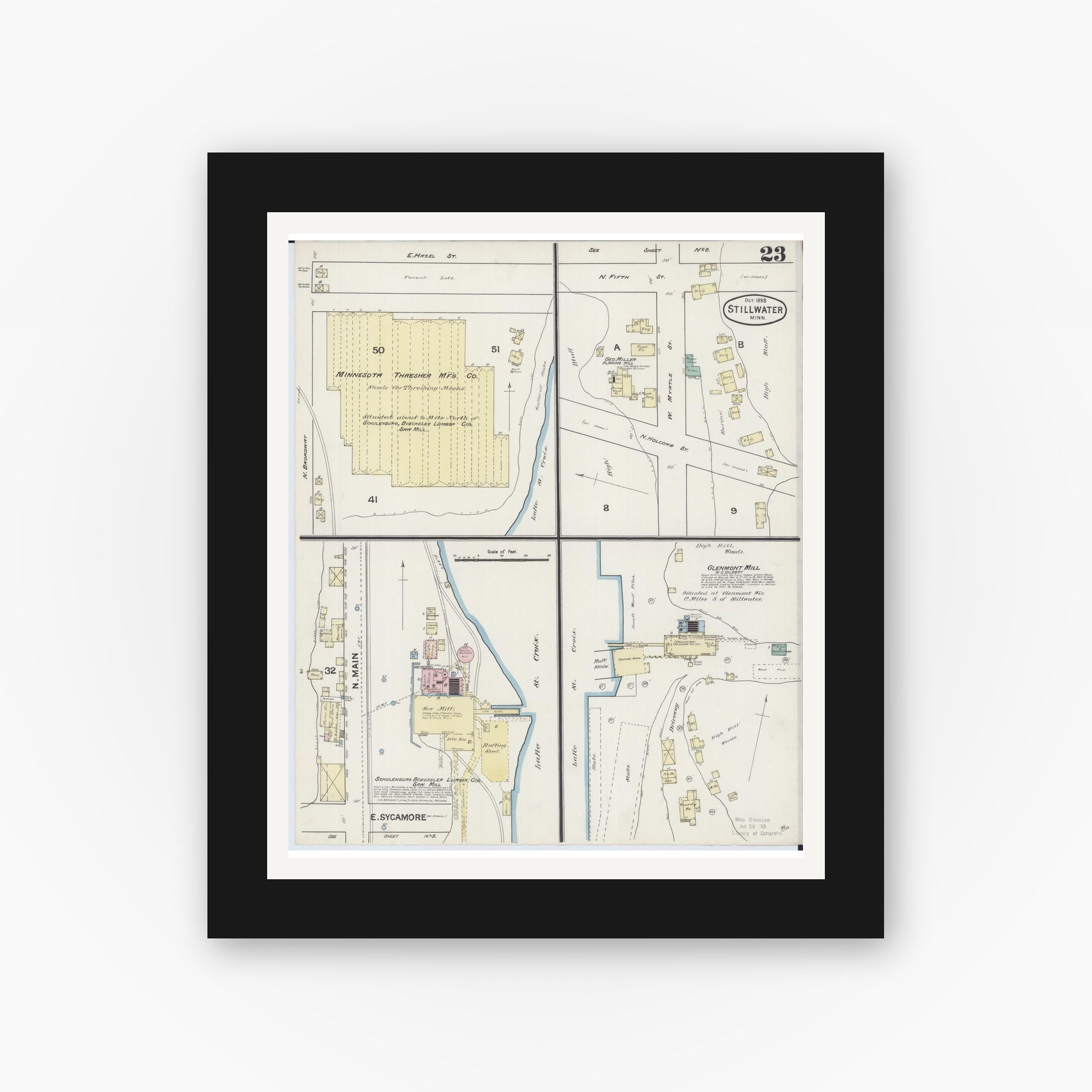 Old map wall art mockup — black gallery frame with white mat — Sanborn Fire Insurance Map from Stillwater, Washington County, Minnesota (1888), Sheet #0023