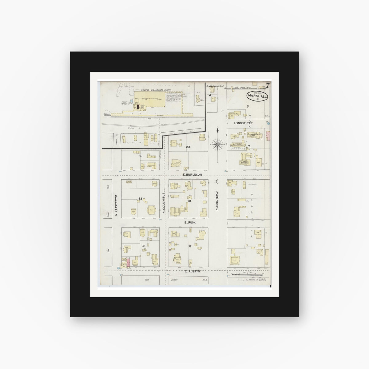 Old map wall art mockup — black gallery frame with white mat — Sanborn Fire Insurance Map from Marshall, Harrison County, Texas (1889), Sheet #0007