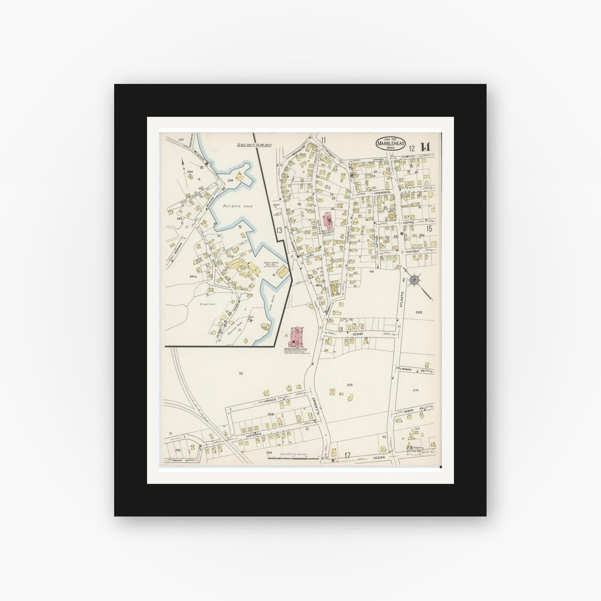 Old map wall art mockup — black gallery frame with white mat — Sanborn Fire Insurance Map from Marblehead, Essex County, Massachusetts (1915), Sheet #0014