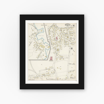 Old map wall art mockup — black gallery frame with white mat — Sanborn Fire Insurance Map from Marblehead, Essex County, Massachusetts (1915), Sheet #0014