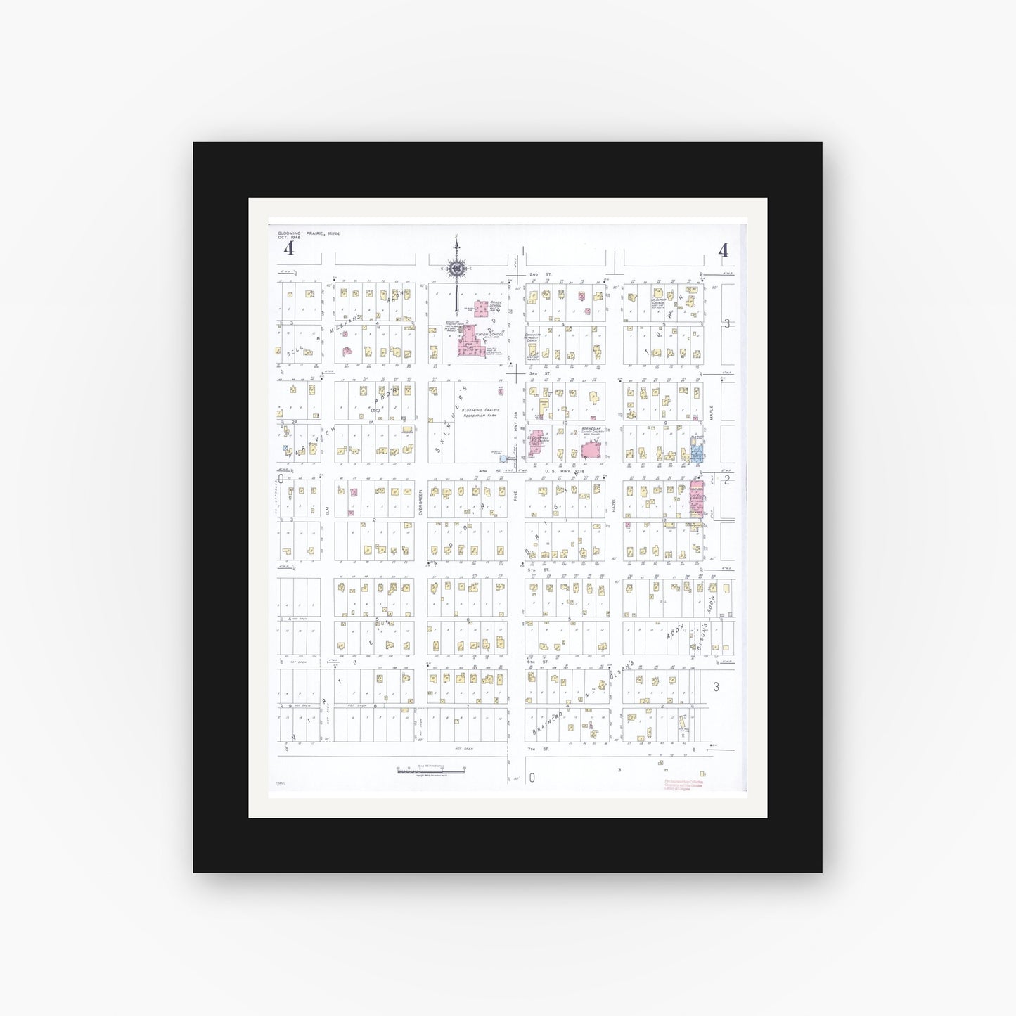 Old map wall art mockup — black gallery frame with white mat — Sanborn Fire Insurance Map from Blooming Prairie, Steele County, Minnesota (1948), Sheet #0004