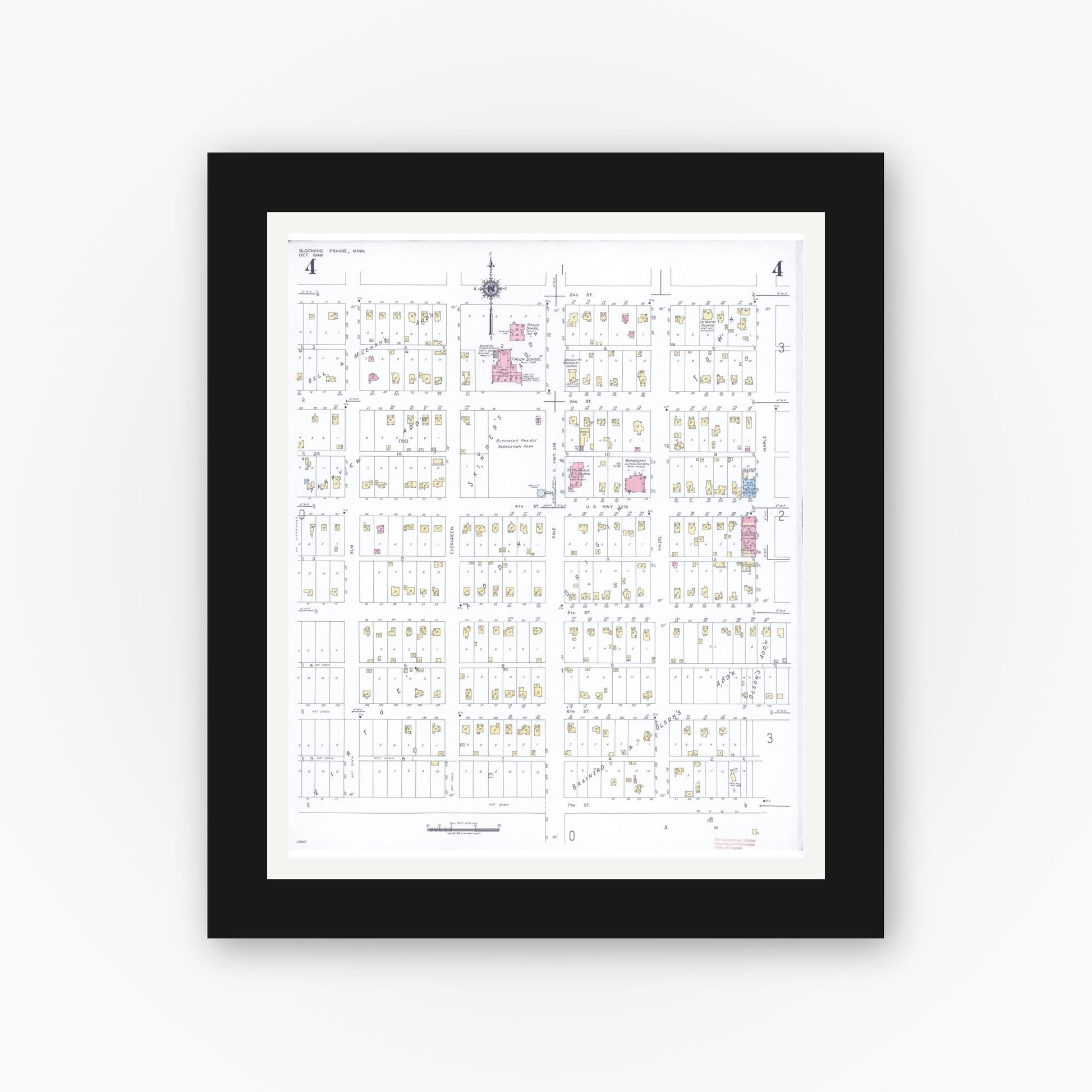 Old map wall art mockup — black gallery frame with white mat — Sanborn Fire Insurance Map from Blooming Prairie, Steele County, Minnesota (1948), Sheet #0004