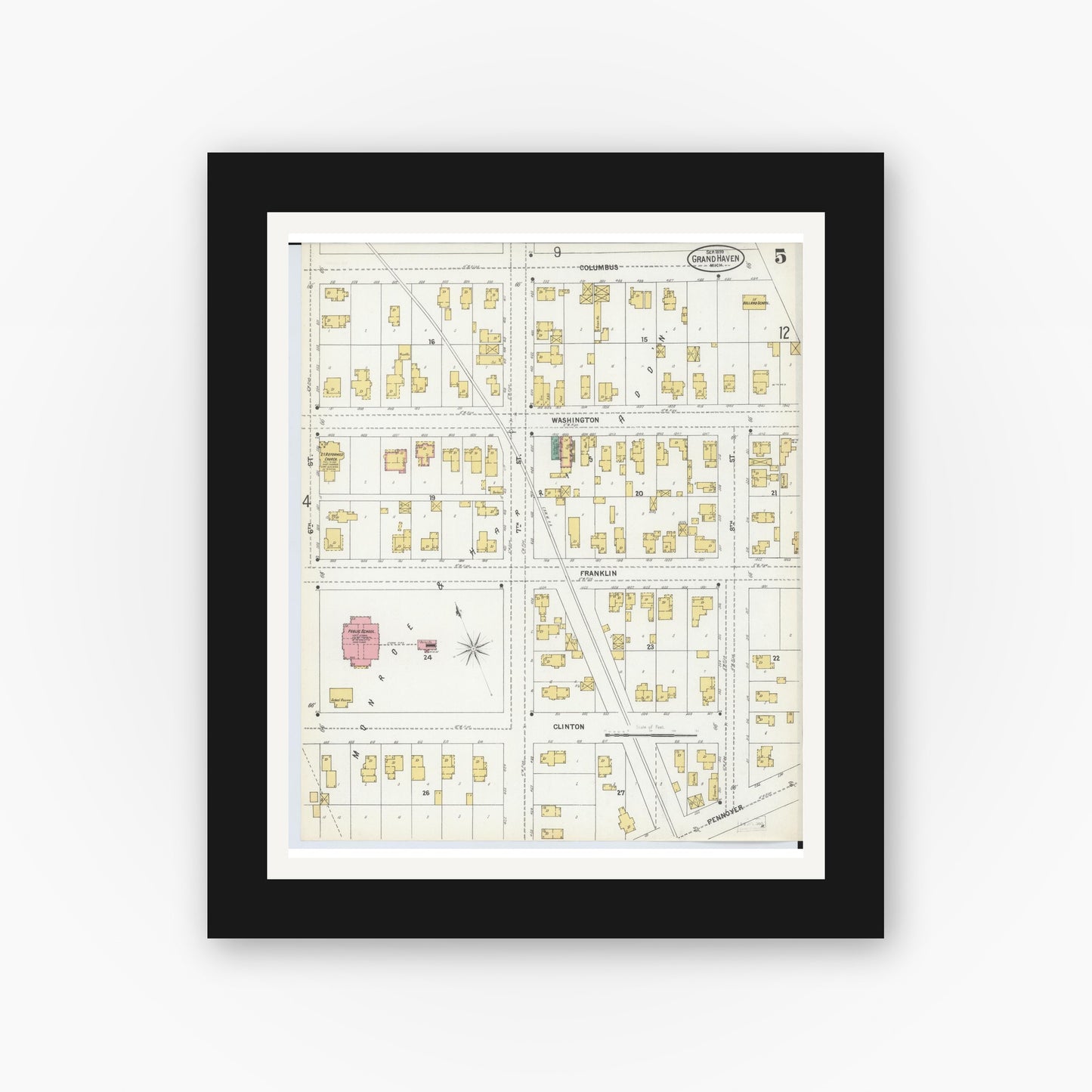 Old map wall art mockup — black gallery frame with white mat — Sanborn Fire Insurance Map from Grand Haven, Ottawa County, Michigan (1899), Sheet #0005