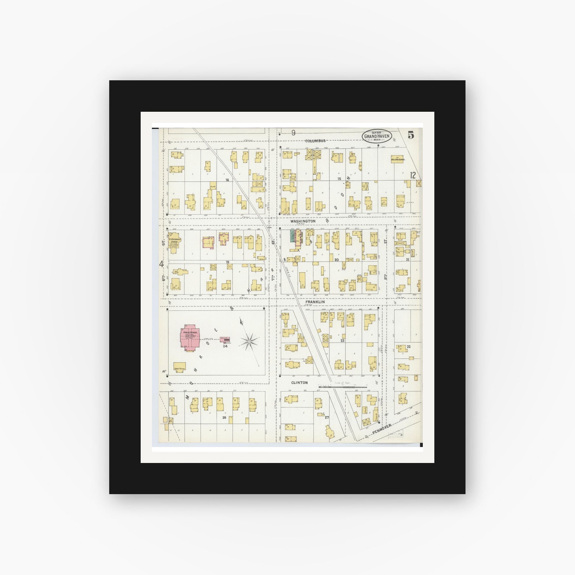 Old map wall art mockup — black gallery frame with white mat — Sanborn Fire Insurance Map from Grand Haven, Ottawa County, Michigan (1899), Sheet #0005