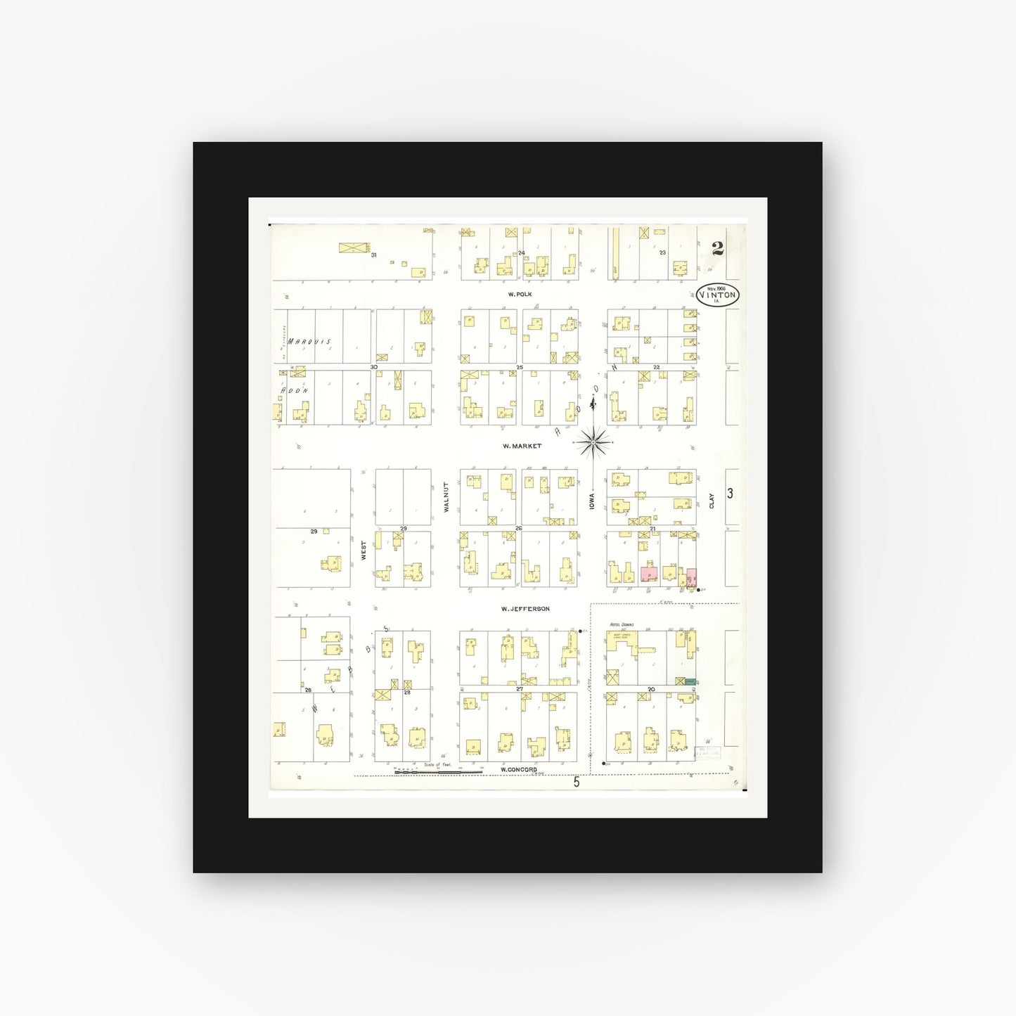 Old map wall art mockup — black gallery frame with white mat — Sanborn Fire Insurance Map from Vinton, Benton County, Iowa (1906), Sheet #0002