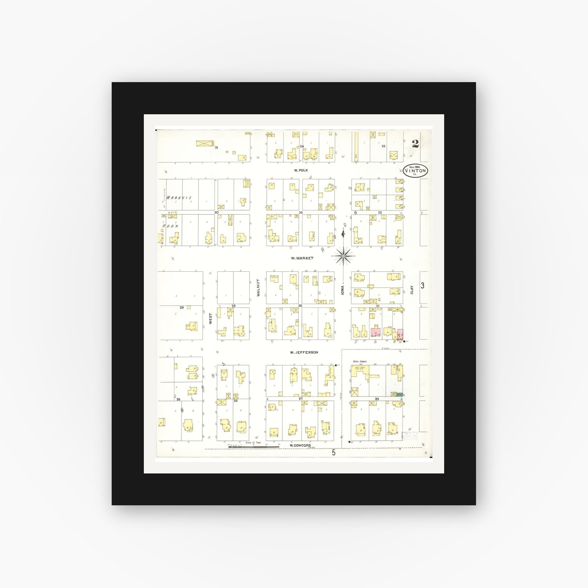 Old map wall art mockup — black gallery frame with white mat — Sanborn Fire Insurance Map from Vinton, Benton County, Iowa (1906), Sheet #0002