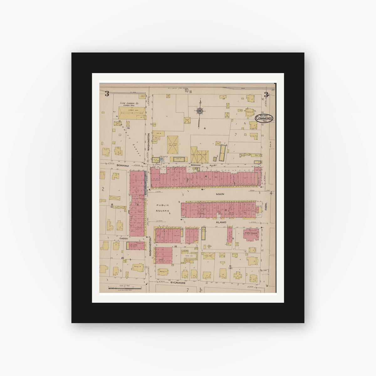 Old map wall art mockup — black gallery frame with white mat — Sanborn Fire Insurance Map from Commerce, Hunt County, Texas (1922), Sheet #0003