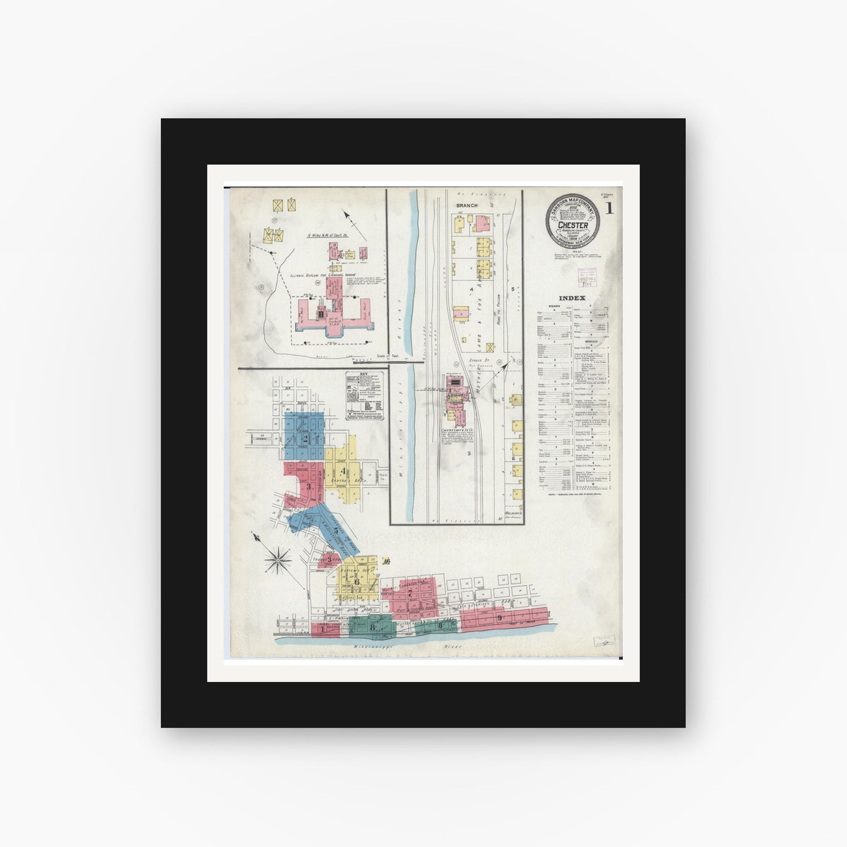 Old map wall art mockup — black gallery frame with white mat — Sanborn Fire Insurance Map from Chester, Randolph County, Illinois (1906) - Complete Map Set