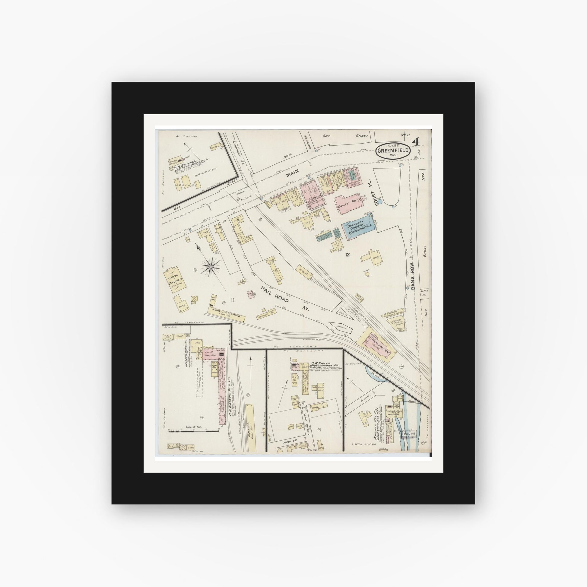 Old map wall art mockup — black gallery frame with white mat — Sanborn Fire Insurance Map from Greenfield, Franklin County, Massachusetts (1887), Sheet #0004