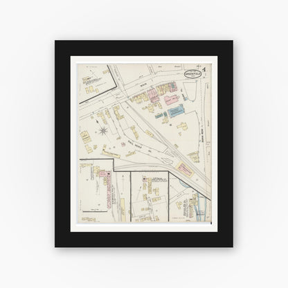 Old map wall art mockup — black gallery frame with white mat — Sanborn Fire Insurance Map from Greenfield, Franklin County, Massachusetts (1887), Sheet #0004