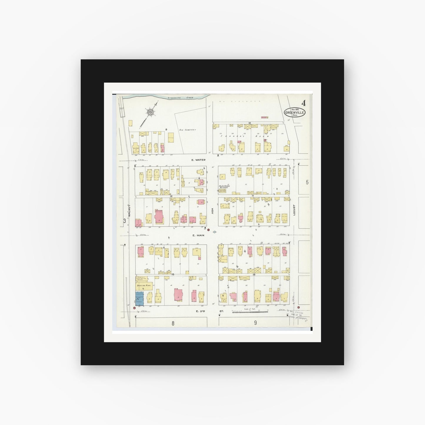 Old map wall art mockup — black gallery frame with white mat — Sanborn Fire Insurance Map from Greenville, Darke County, Ohio (1910), Sheet #0004