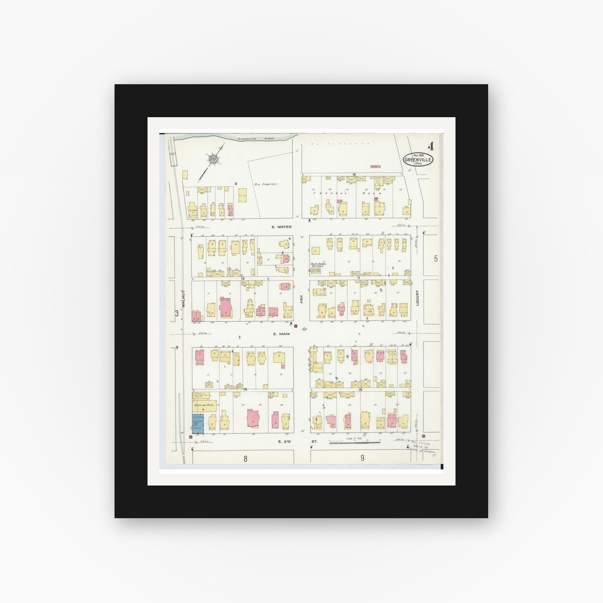 Old map wall art mockup — black gallery frame with white mat — Sanborn Fire Insurance Map from Greenville, Darke County, Ohio (1910), Sheet #0004