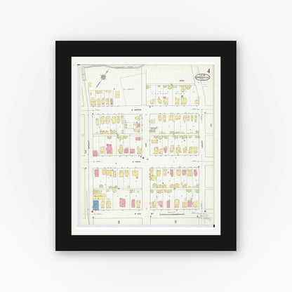 Old map wall art mockup — black gallery frame with white mat — Sanborn Fire Insurance Map from Greenville, Darke County, Ohio (1910), Sheet #0004