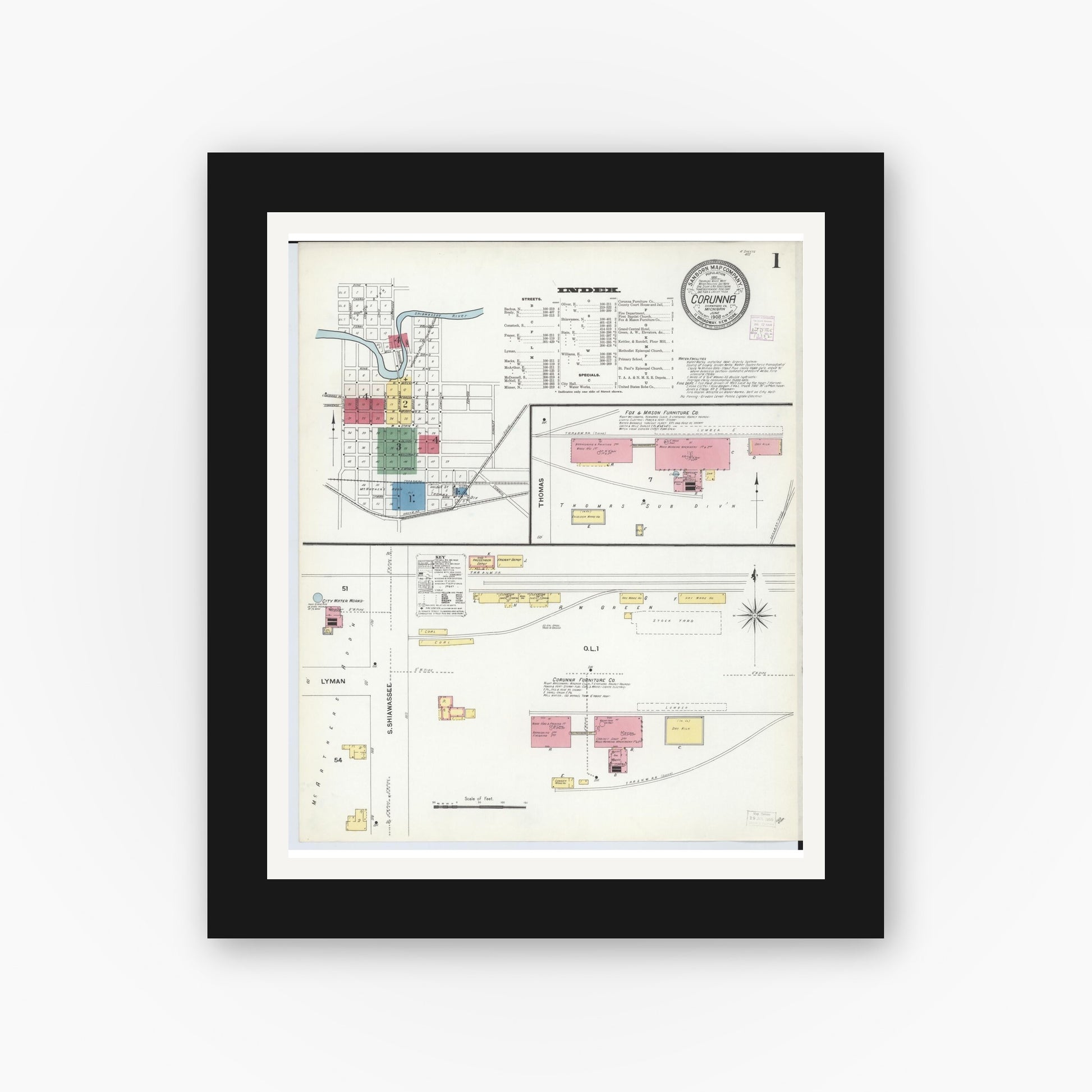 Old map wall art mockup — black gallery frame with white mat — Sanborn Fire Insurance Map from Corunna, Shiawassee County, Michigan (1908) - Complete Map Set