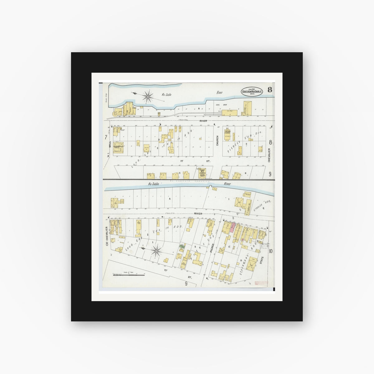Old map wall art mockup — black gallery frame with white mat — Sanborn Fire Insurance Map from Oscoda, Iosco County, Michigan (1901), Sheet #0008