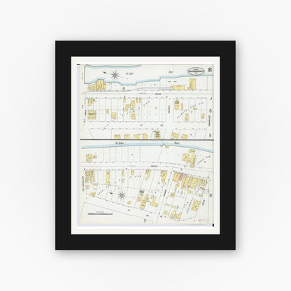 Old map wall art mockup — black gallery frame with white mat — Sanborn Fire Insurance Map from Oscoda, Iosco County, Michigan (1901), Sheet #0008