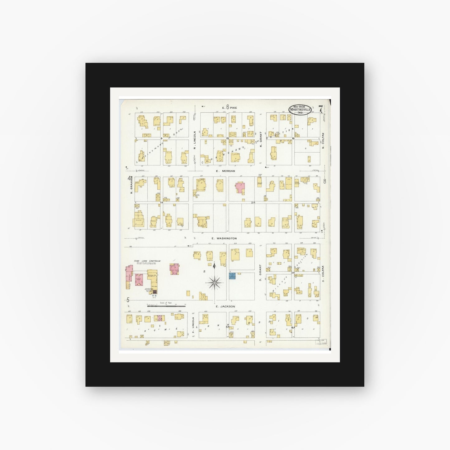 Old map wall art mockup — black gallery frame with white mat — Sanborn Fire Insurance Map from Martinsville, Morgan County, Indiana (1908), Sheet #0007