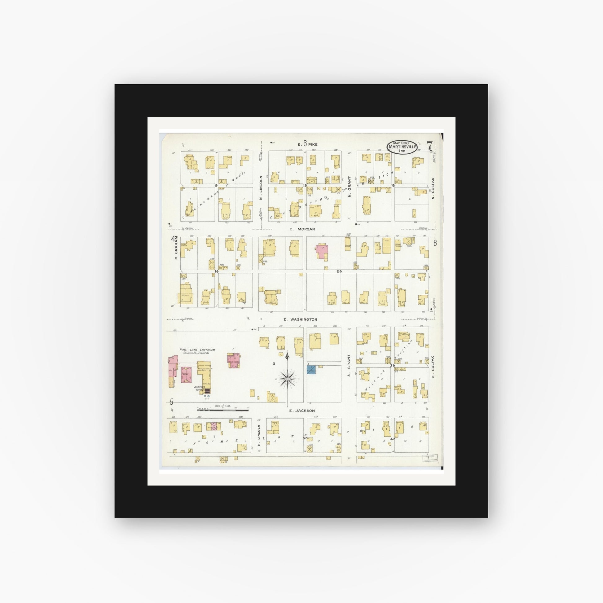 Old map wall art mockup — black gallery frame with white mat — Sanborn Fire Insurance Map from Martinsville, Morgan County, Indiana (1908), Sheet #0007