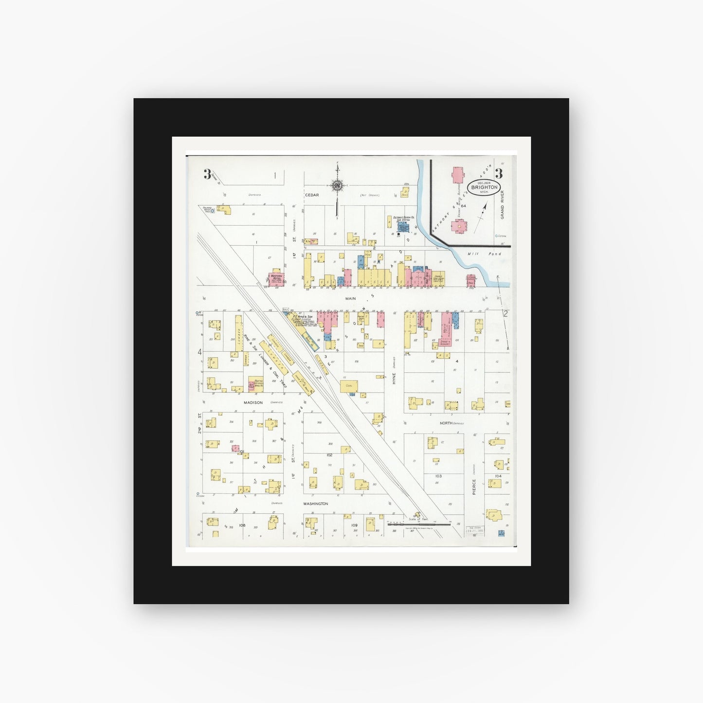 Old map wall art mockup — black gallery frame with white mat — Sanborn Fire Insurance Map from Brighton, Livingston County, Michigan (1928), Sheet #0003