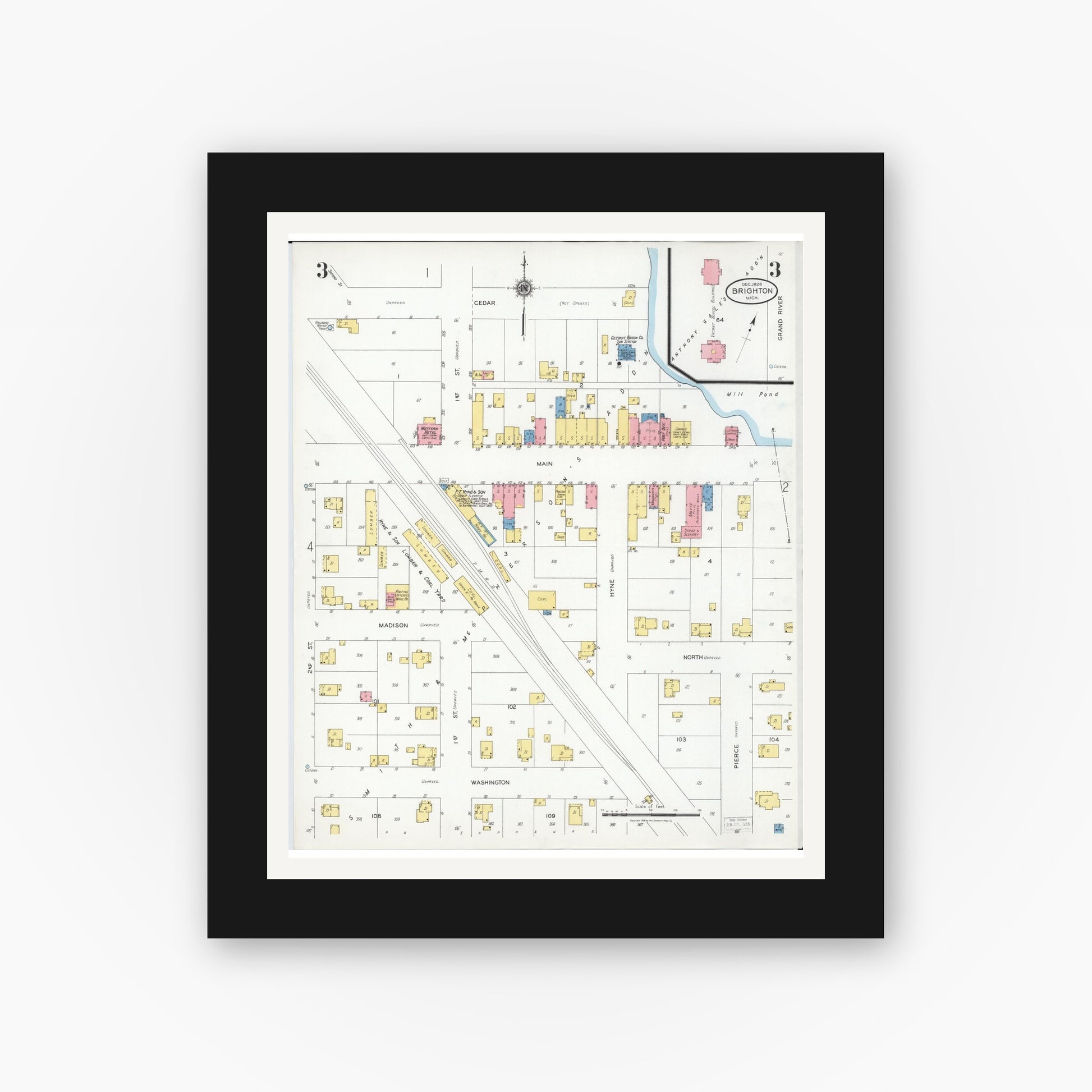 Old map wall art mockup — black gallery frame with white mat — Sanborn Fire Insurance Map from Brighton, Livingston County, Michigan (1928), Sheet #0003