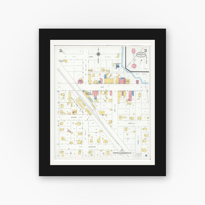 Old map wall art mockup — black gallery frame with white mat — Sanborn Fire Insurance Map from Brighton, Livingston County, Michigan (1928), Sheet #0003