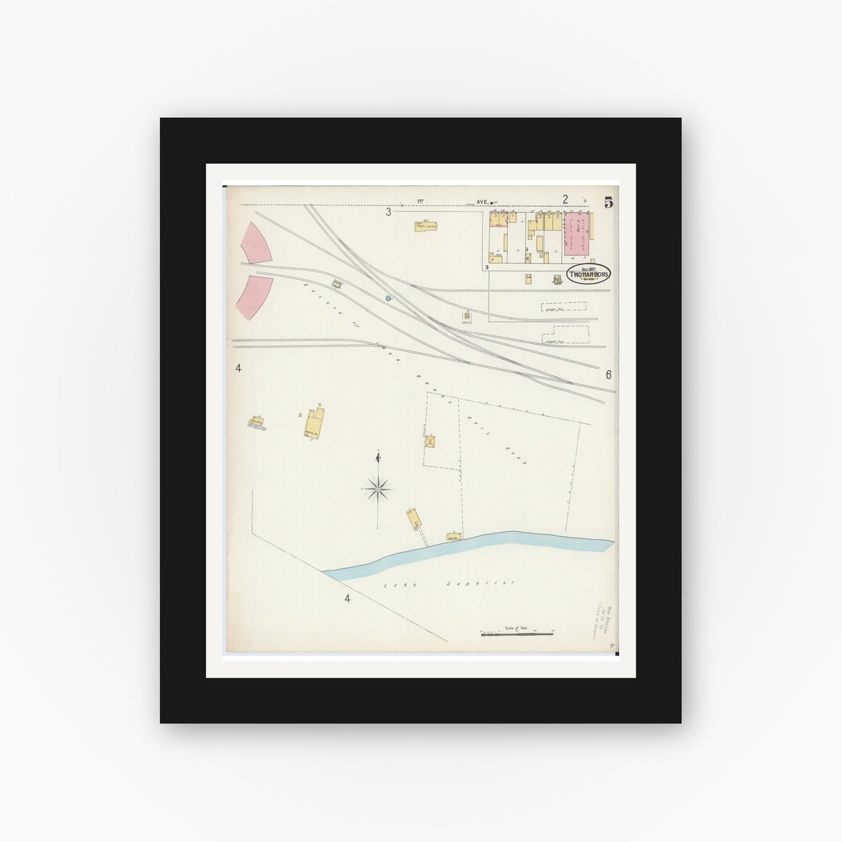 Old map wall art mockup — black gallery frame with white mat — Sanborn Fire Insurance Map from Two Harbors, Lake County, Minnesota (1897), Sheet #0005
