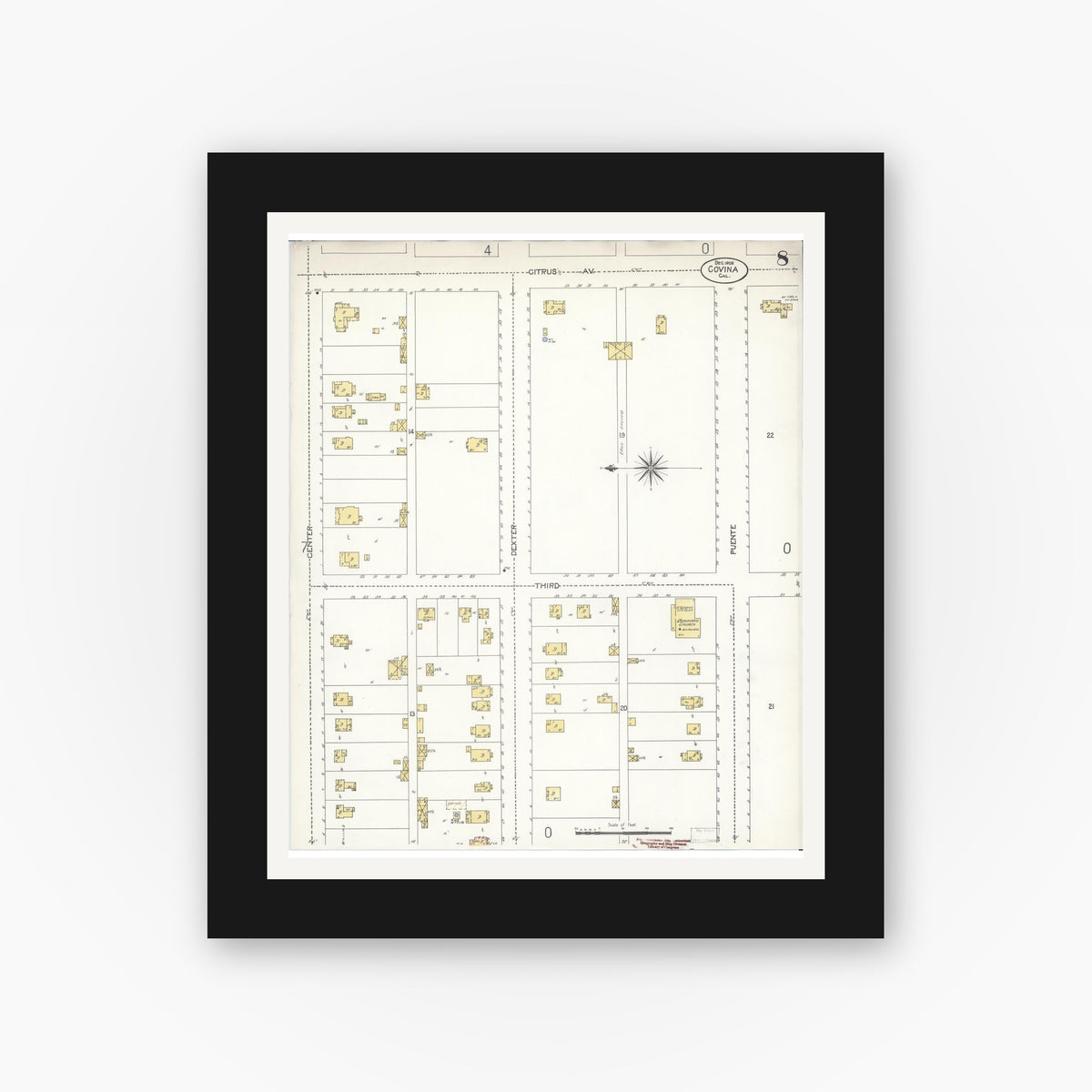 Old map wall art mockup — black gallery frame with white mat — Sanborn Fire Insurance Map from Covina, Los Angeles County, California (1906), Sheet #0008