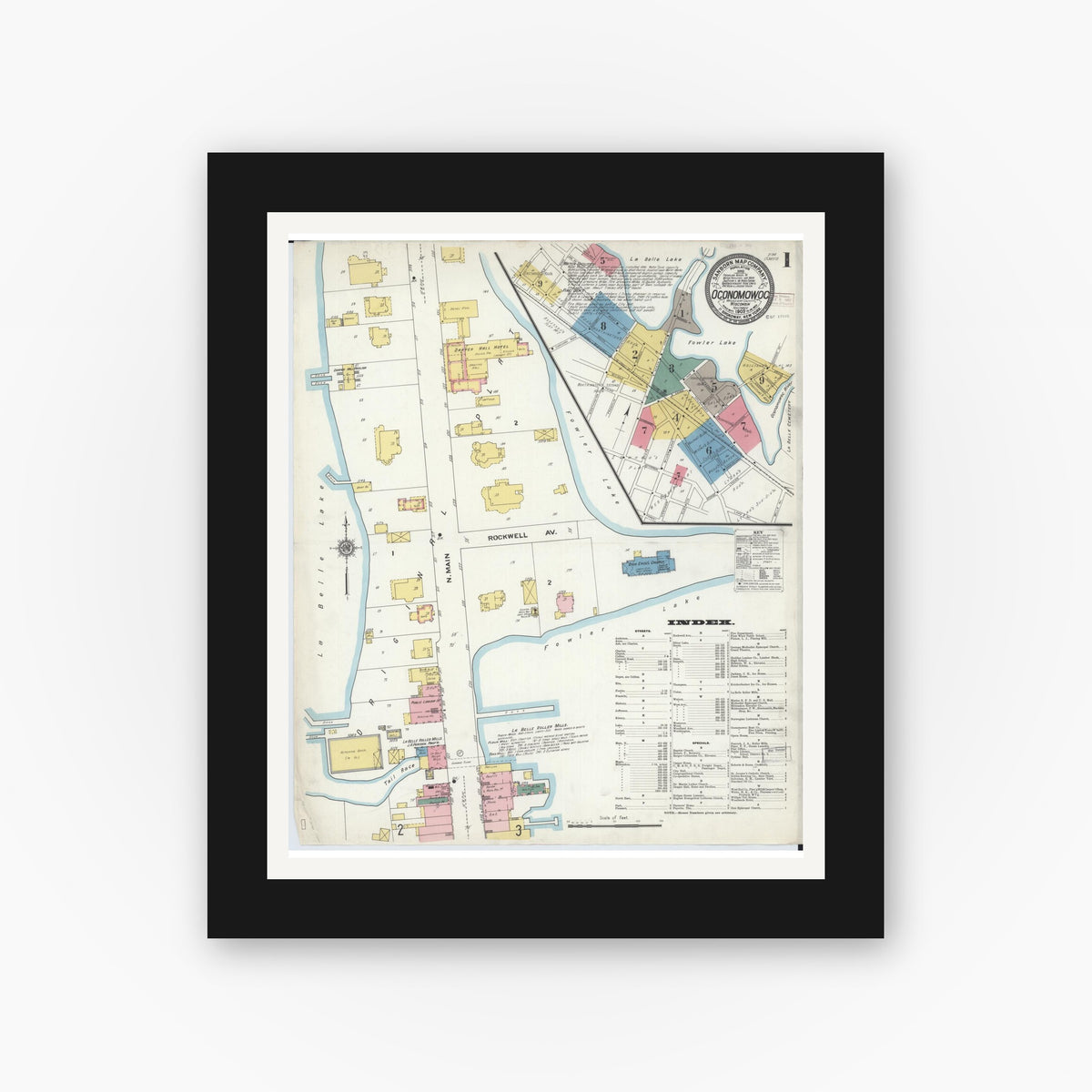 Old map wall art mockup — black gallery frame with white mat — Sanborn Fire Insurance Map from Oconomowoc, Waukesha County, Wisconsin (1909) - Complete Map Set