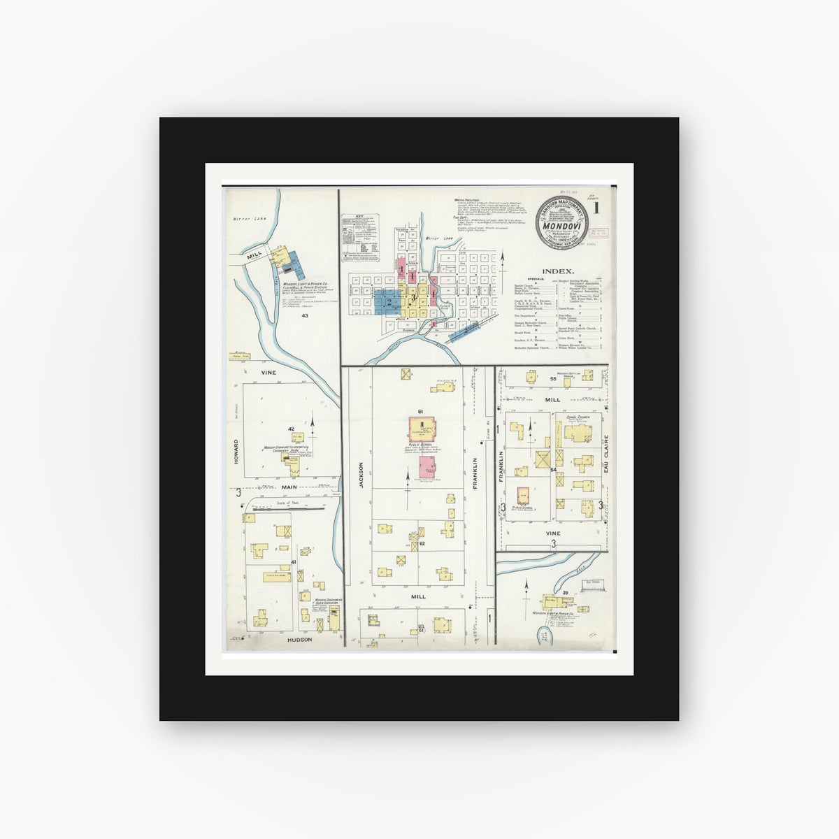 Old map wall art mockup — black gallery frame with white mat — Sanborn Fire Insurance Map from Mondovi, Buffalo County, Wisconsin (1909) - Complete Map Set