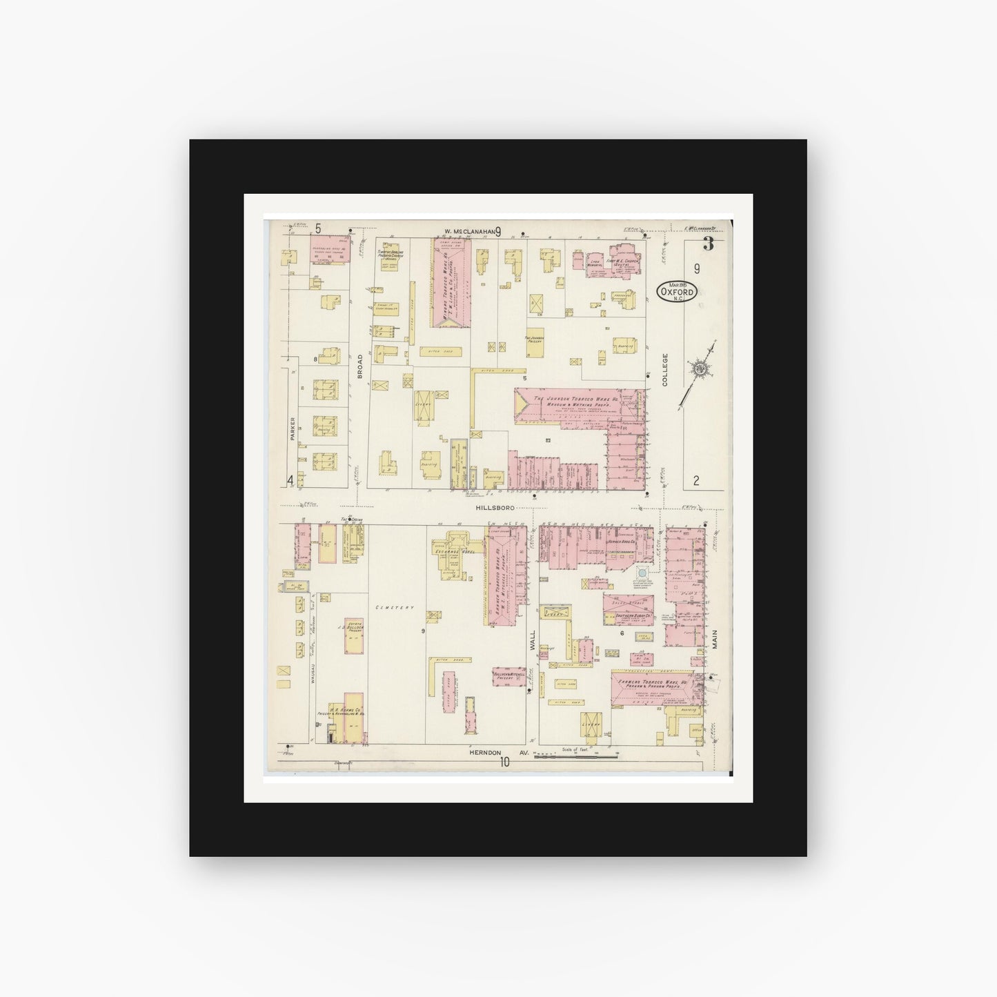 Old map wall art mockup — black gallery frame with white mat — Sanborn Fire Insurance Map from Oxford, Granville County, North Carolina (1915), Sheet #0003