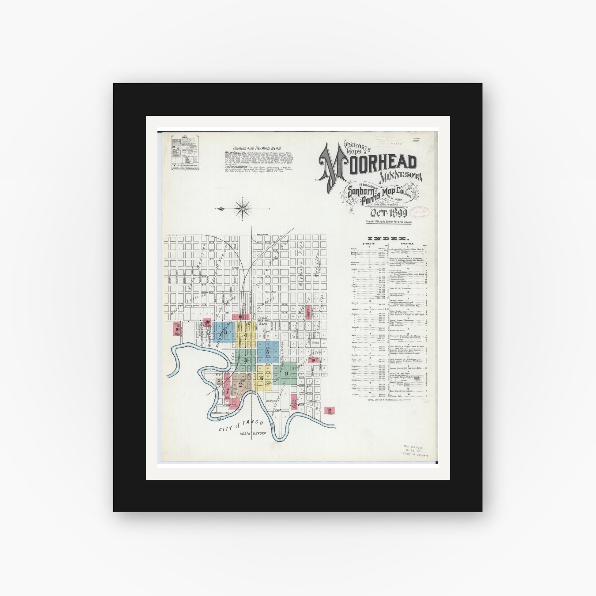Old map wall art mockup — black gallery frame with white mat — Sanborn Fire Insurance Map from Moorhead, Clay County, Minnesota (1899), Sheet #0001