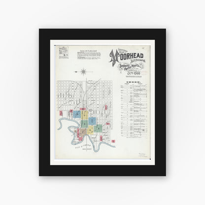 Old map wall art mockup — black gallery frame with white mat — Sanborn Fire Insurance Map from Moorhead, Clay County, Minnesota (1899), Sheet #0001