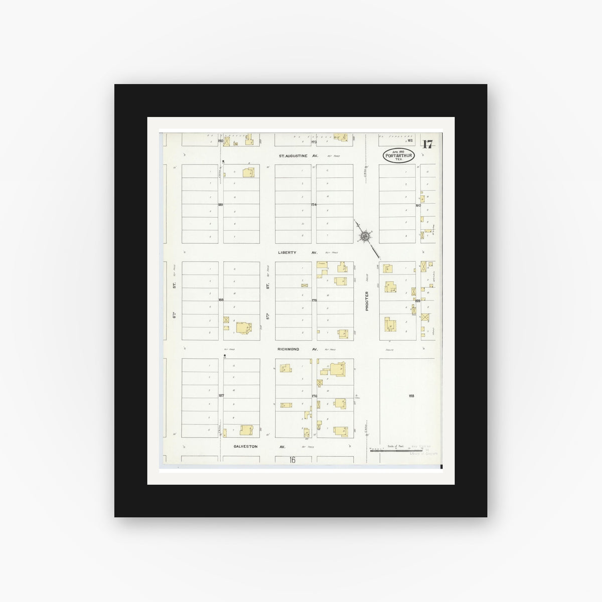 Old map wall art mockup — black gallery frame with white mat — Sanborn Fire Insurance Map from Port Arthur, Jefferson County, Texas (1910), Sheet #0017