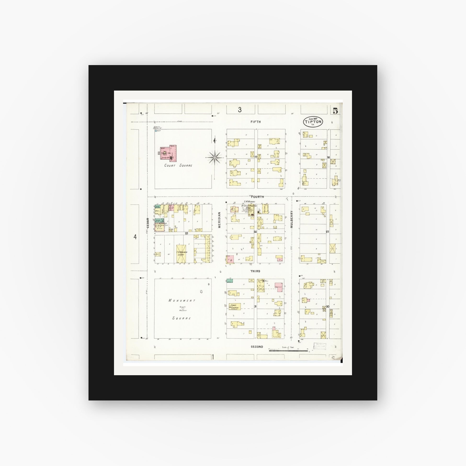 Old map wall art mockup — black gallery frame with white mat — Sanborn Fire Insurance Map from Tipton, Cedar County, Iowa (1897), Sheet #0005