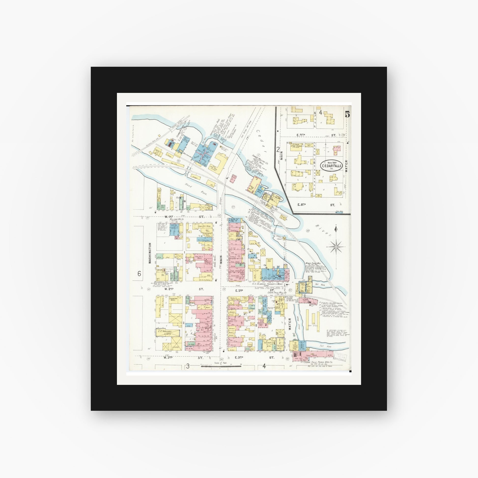 Old map wall art mockup — black gallery frame with white mat — Sanborn Fire Insurance Map from Cedar Falls, Black Hawk County, Iowa (1897), Sheet #0005
