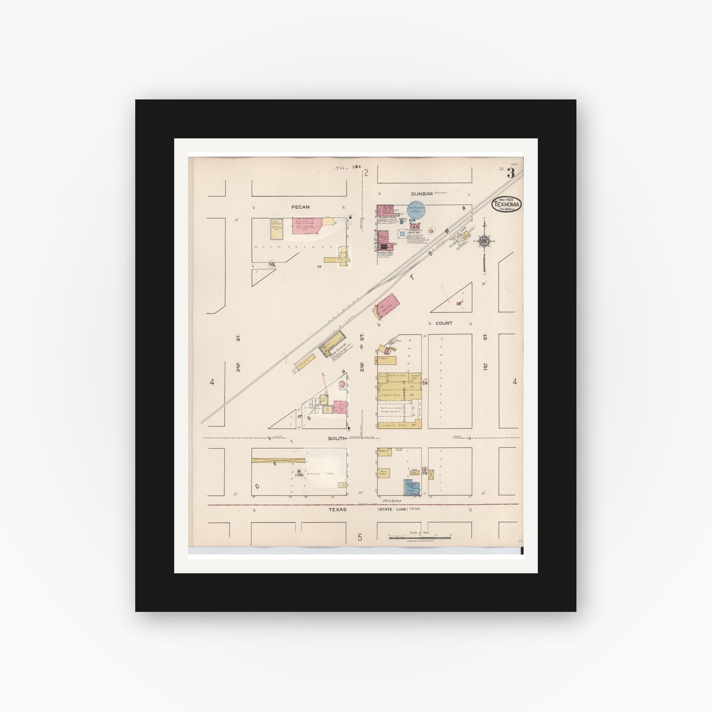 Old map wall art mockup — black gallery frame with white mat — Sanborn Fire Insurance Map from Texhoma, Texas County, Oklahoma and Sherman County, Texas, Texas (1930), Sheet #0003