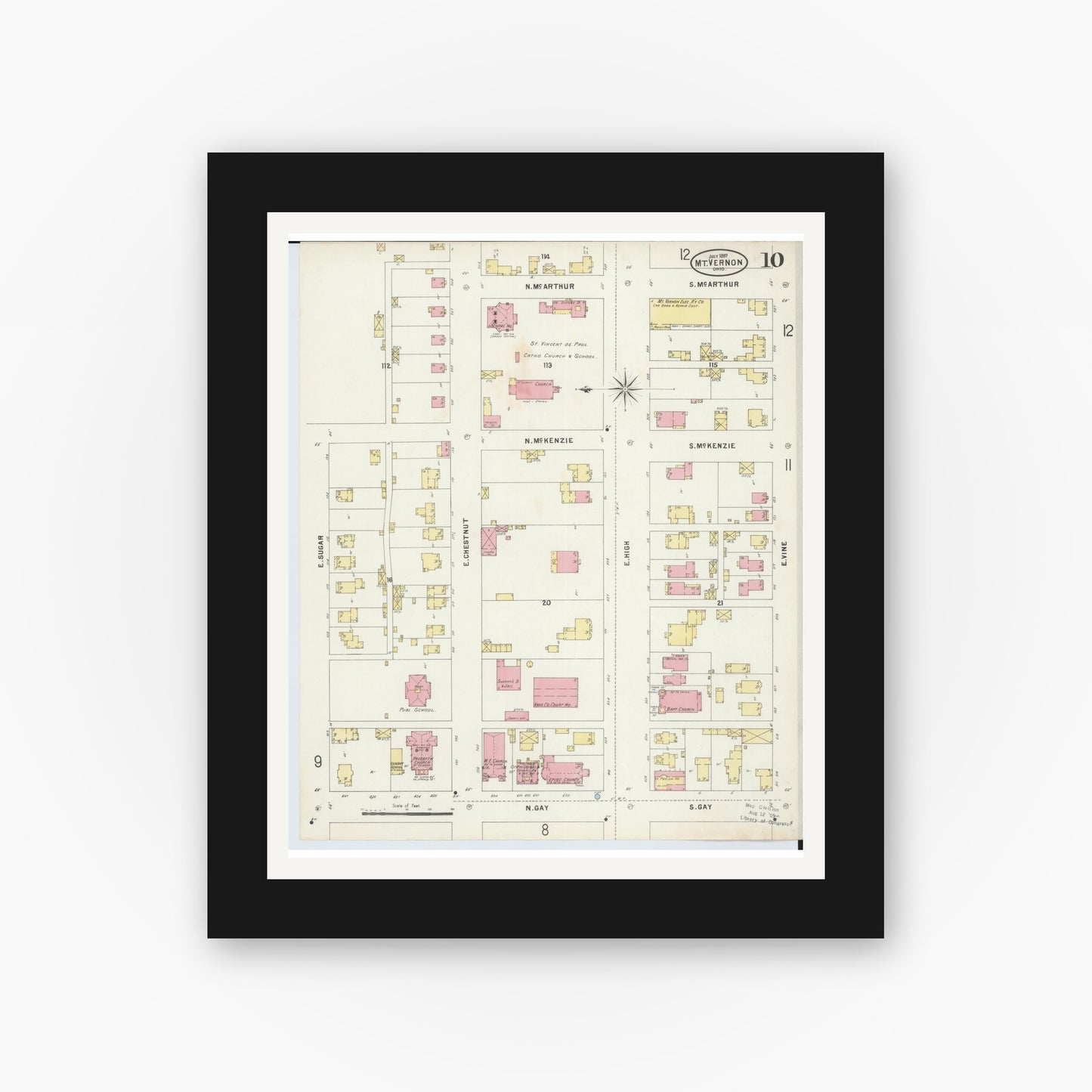 Old map wall art mockup — black gallery frame with white mat — Sanborn Fire Insurance Map from Mount Vernon, Knox County, Ohio (1897), Sheet #0010