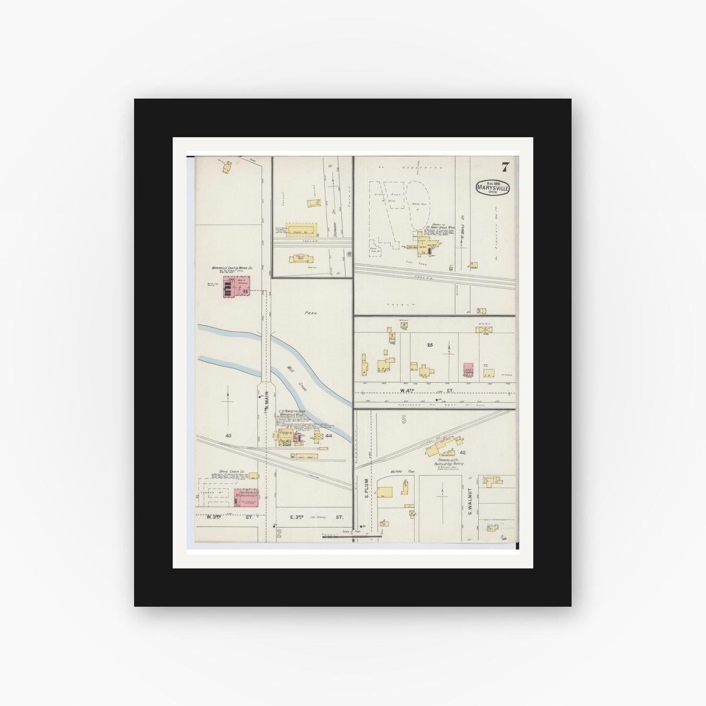 Old map wall art mockup — black gallery frame with white mat — Sanborn Fire Insurance Map from Marysville, Union County, Ohio (1895), Sheet #0007