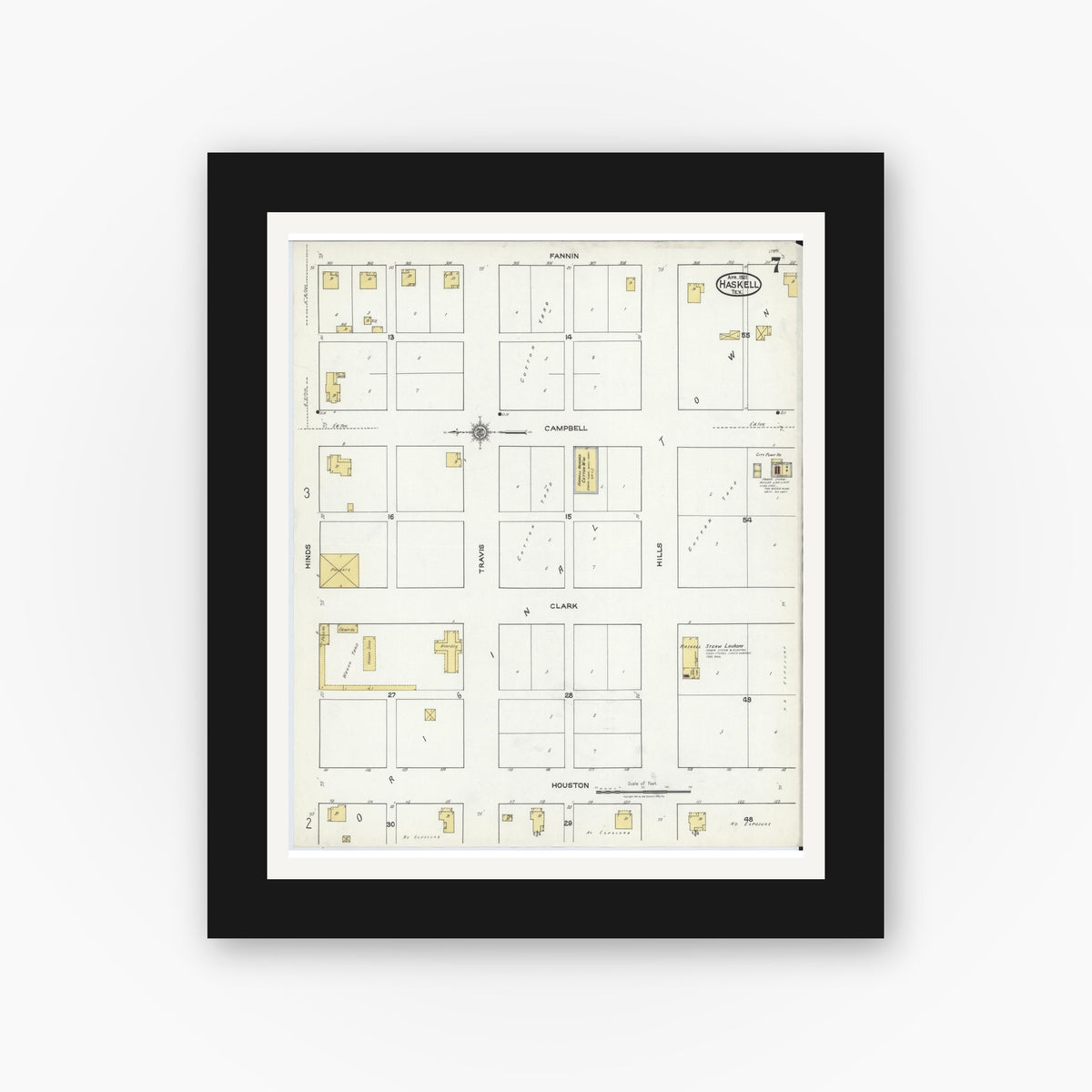 Old map wall art mockup — black gallery frame with white mat — Sanborn Fire Insurance Map from Haskell, Haskell County, Texas (1921), Sheet #0007