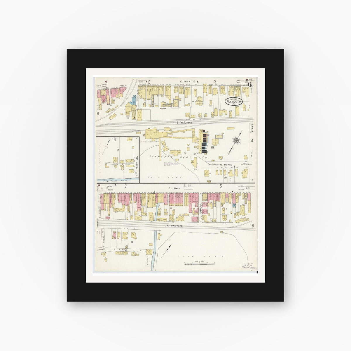 Old map wall art mockup — black gallery frame with white mat — Sanborn Fire Insurance Map from Plymouth, Luzerne County, Pennsylvania (1912), Sheet #0006