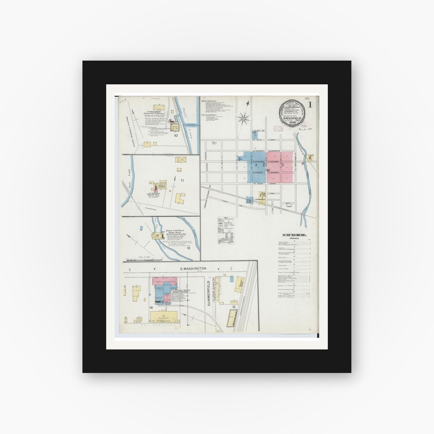 Old map wall art mockup — black gallery frame with white mat — Sanborn Fire Insurance Map from Greenfield, Highland County, Ohio (1893), Sheet #0001