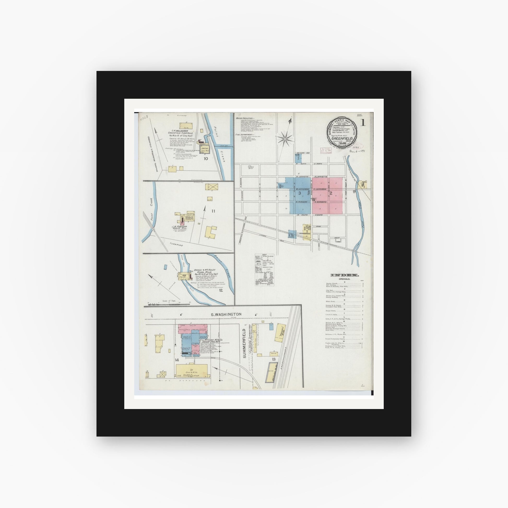 Old map wall art mockup — black gallery frame with white mat — Sanborn Fire Insurance Map from Greenfield, Highland County, Ohio (1893), Sheet #0001