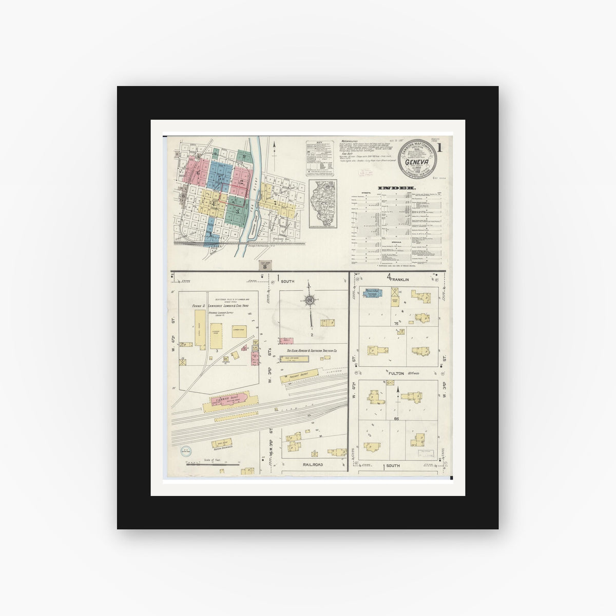 Old map wall art mockup — black gallery frame with white mat — Sanborn Fire Insurance Map from Geneva, Kane County, Illinois (1912) - Complete Map Set