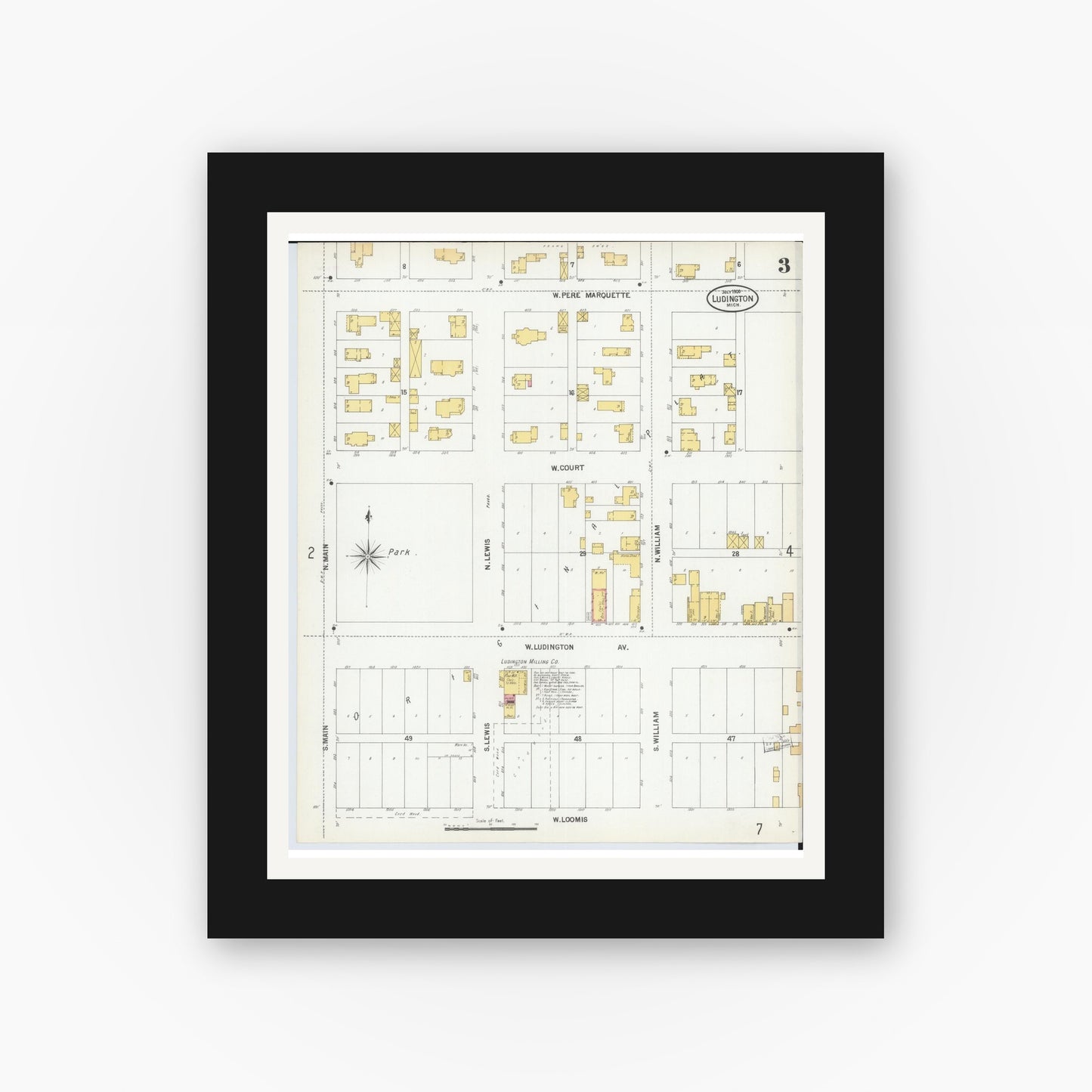 Old map wall art mockup — black gallery frame with white mat — Sanborn Fire Insurance Map from Ludington, Mason County, Michigan (1900), Sheet #0003
