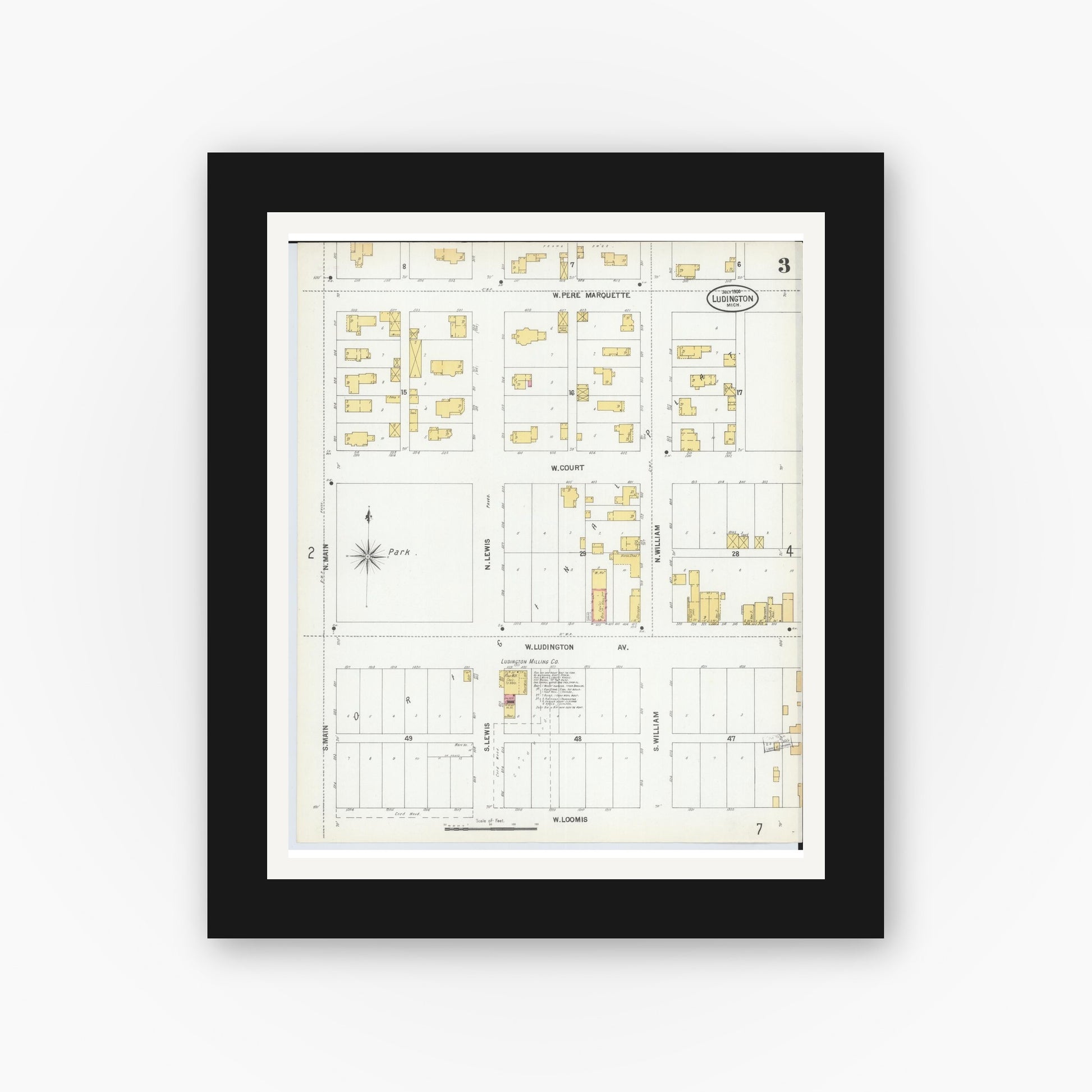 Old map wall art mockup — black gallery frame with white mat — Sanborn Fire Insurance Map from Ludington, Mason County, Michigan (1900), Sheet #0003