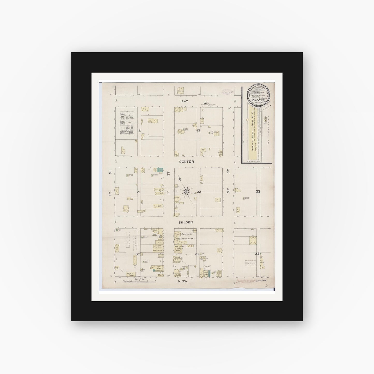 Old map wall art mockup — black gallery frame with white mat — Sanborn Fire Insurance Map from Gonzales, Monterey County, California (1886), Sheet #0001