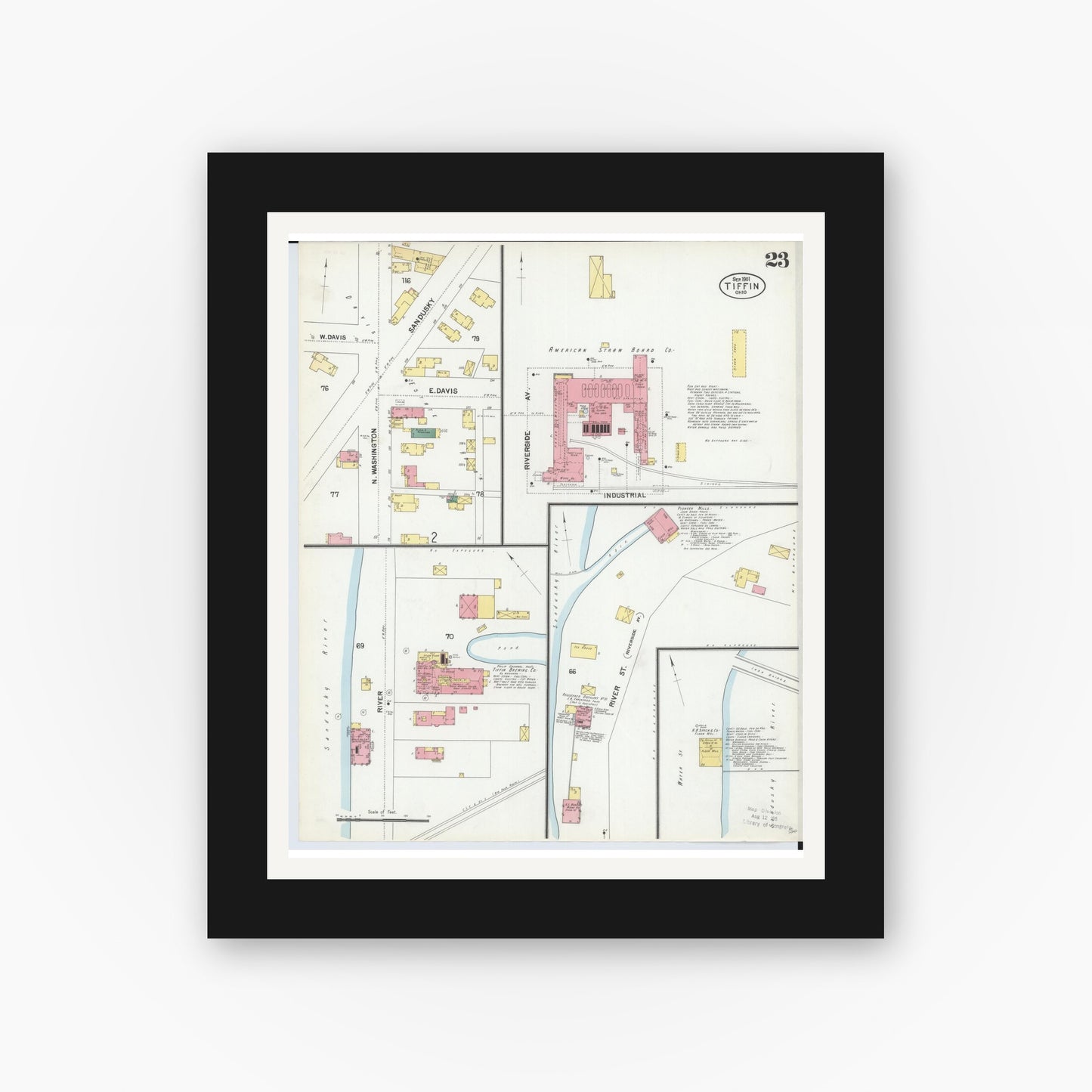 Old map wall art mockup — black gallery frame with white mat — Sanborn Fire Insurance Map from Tiffin, Seneca County, Ohio (1901), Sheet #0023