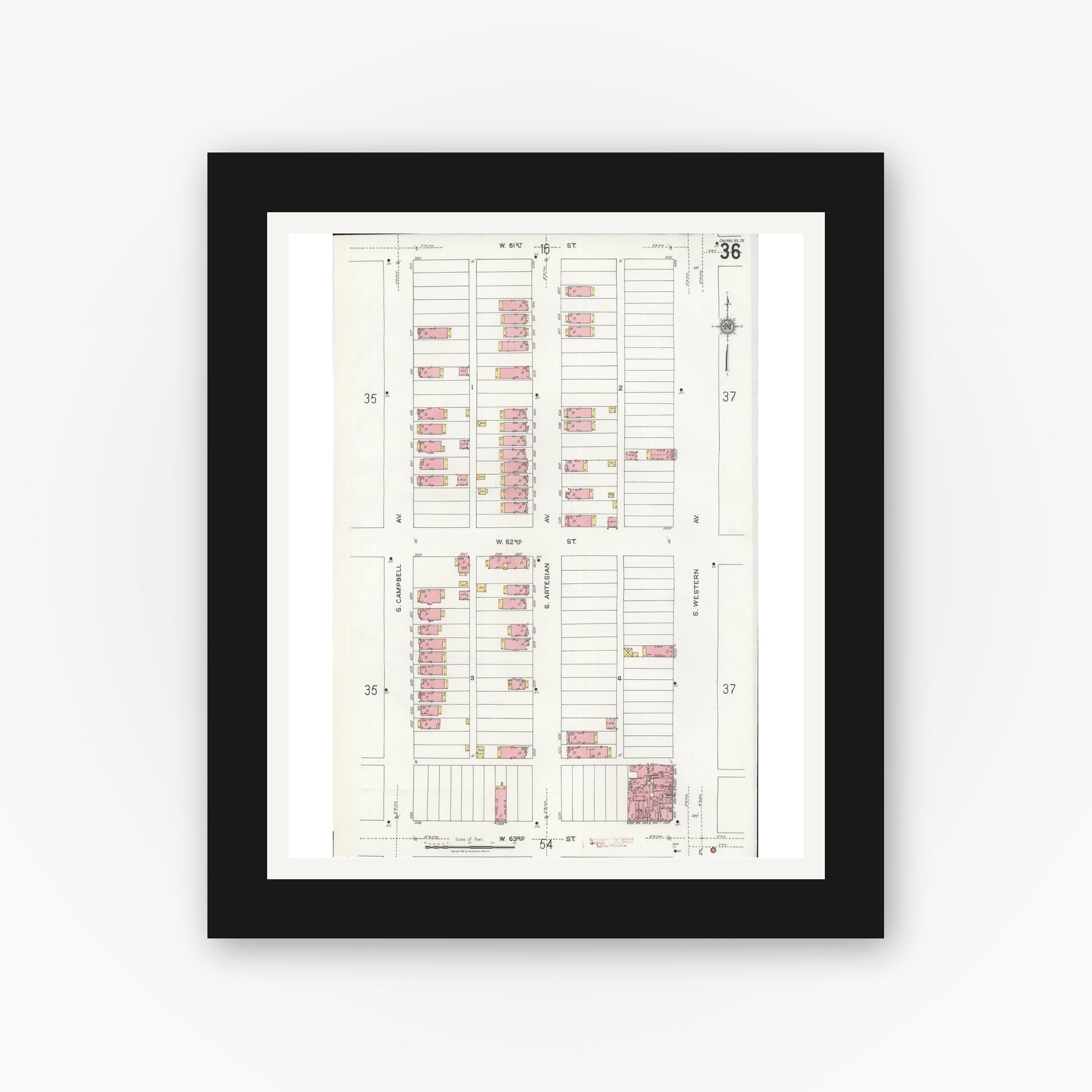 Old map wall art mockup — black gallery frame with white mat — Sanborn Fire Insurance Map from Chicago, Cook County, Illinois (1920), Sheet #0036